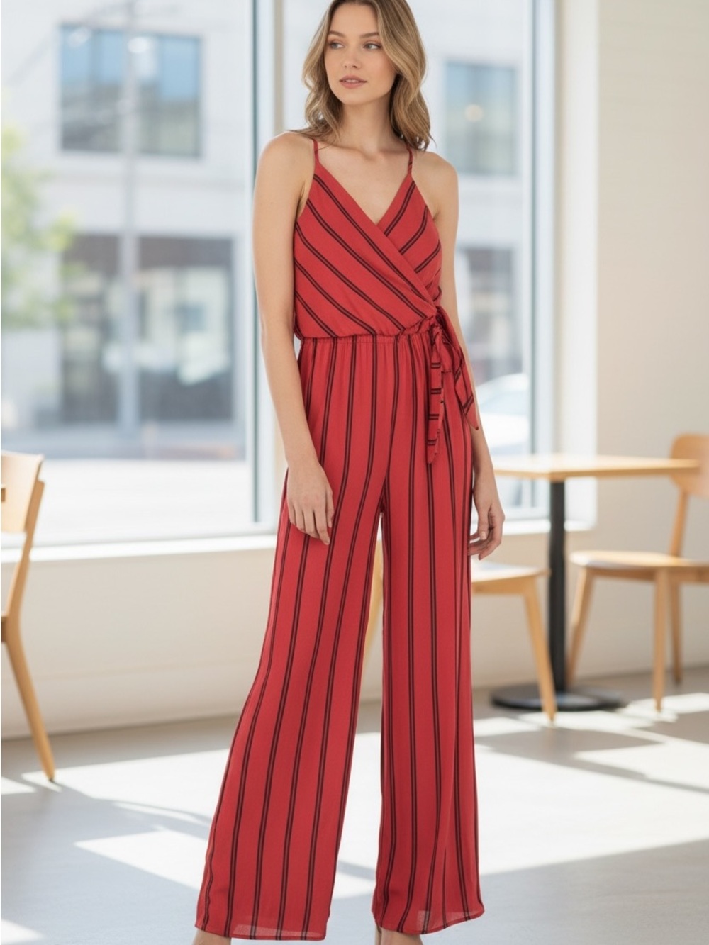 Express Vibrant Red Jumpsuit with Black Stripes